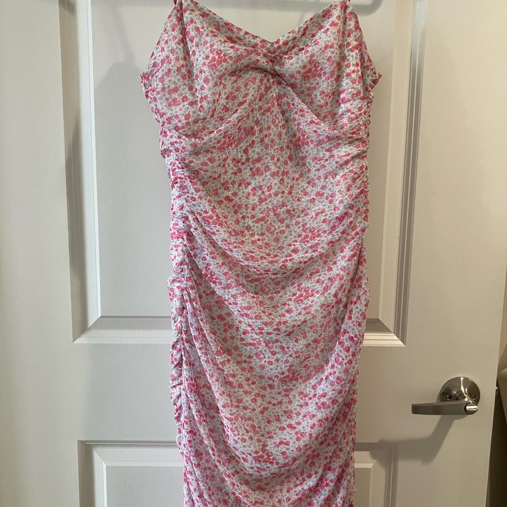 Bardot Pink Ruched Floral Midi Dress (L)